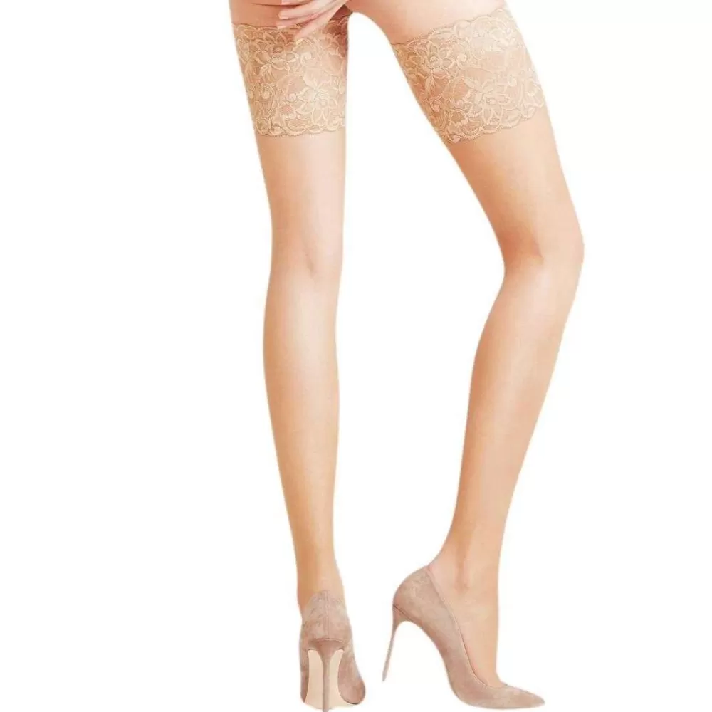Falke Stockings^Beige Seidenglatt 15 Den Stay Up Transparent Floral Stockings