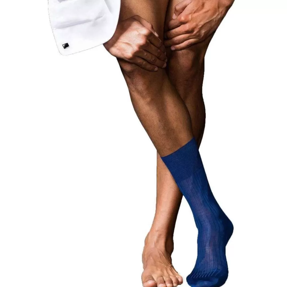 Falke Men's Socks^Blue No10 Pure Fil D'Ecosse Smooth Ribbed Knit Socks