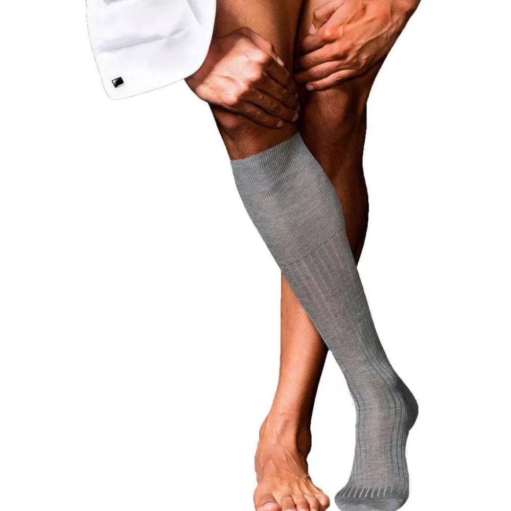 Falke Men's Socks^Grey No10 Pure Fil D'Ecosse Smooth Ribbed Knit Knee High Socks