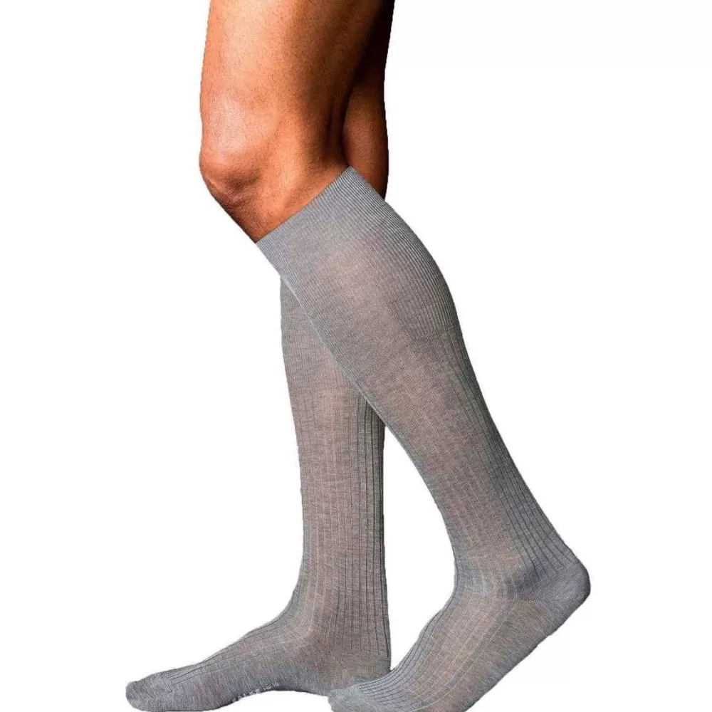 Falke Men's Socks^Grey No10 Pure Fil D'Ecosse Smooth Ribbed Knit Knee High Socks