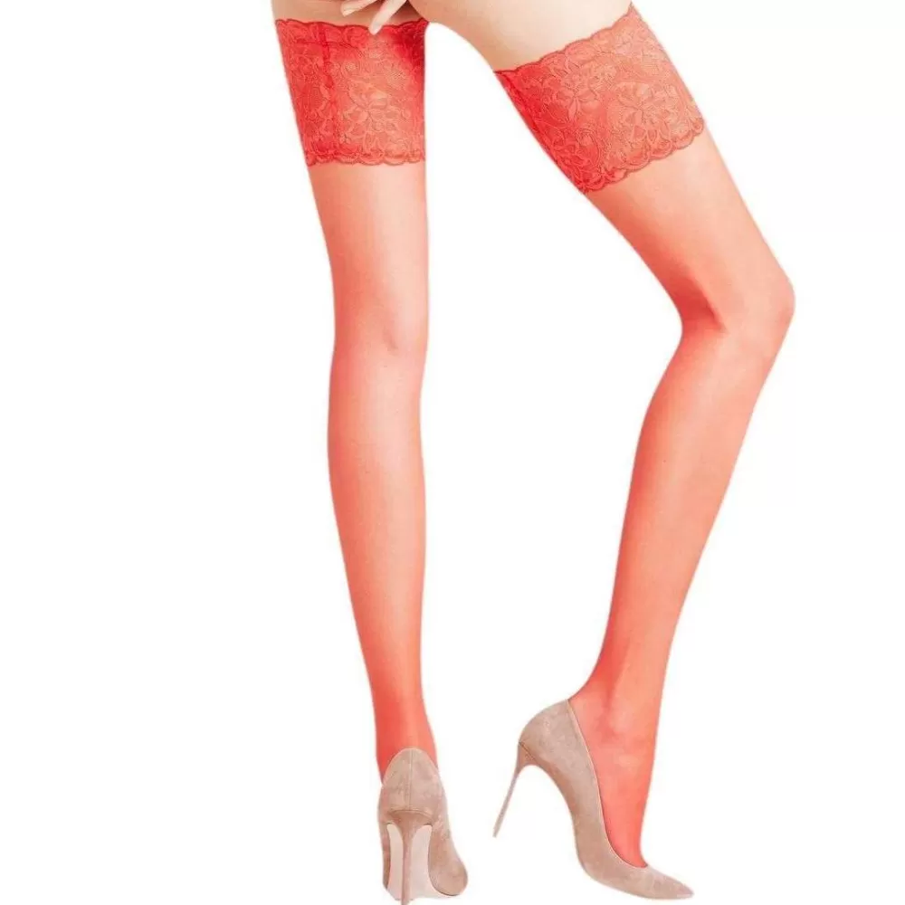 Falke Stockings^Red Seidenglatt 15 Den Stay Up Transparent Floral Stockings