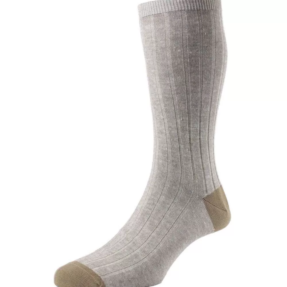 Pantherella Men's Socks^Beige Hamada Contrast Heel And Toe Linen Blend Socks