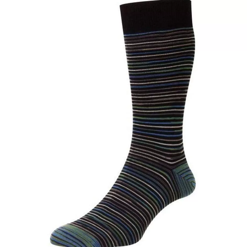 Pantherella Men's Socks^Black Atolla Multi Stripe Space Dye Organic Cotton Socks