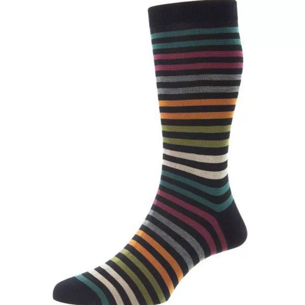 Pantherella Men's Socks^Black Kilburn All Over Stripe Fil D'Ecosse Cotton Socks