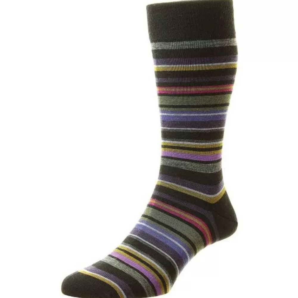 Pantherella Men's Socks^Black Quakers All Over Multi Stripe Merino Wool Socks