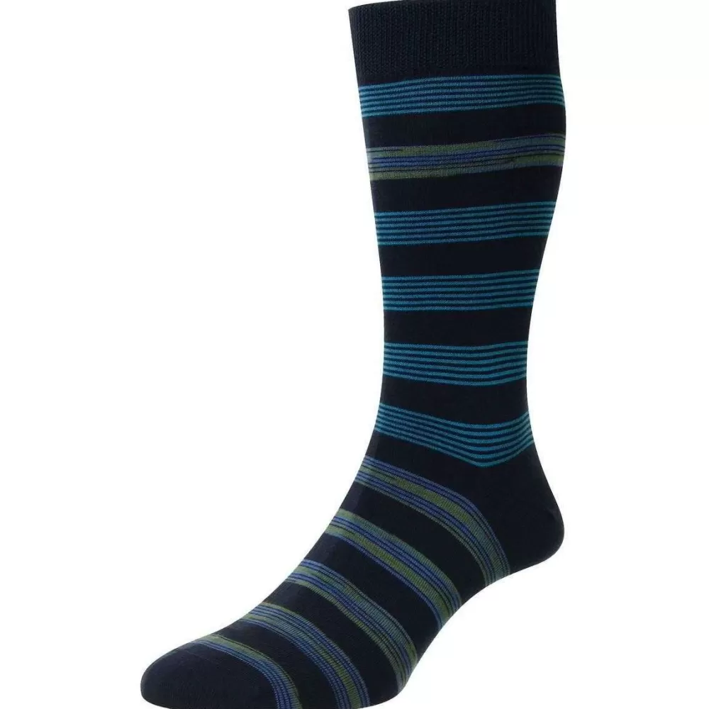 Pantherella Men's Socks^Black Rubra Block Stripe Space Dye Organic Cotton Socks