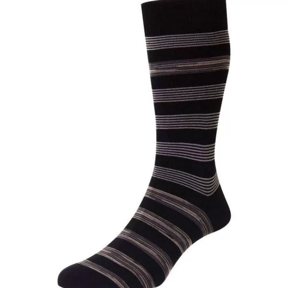 Pantherella Men's Socks^Black Rubra Block Stripe Space Dye Organic Cotton Socks