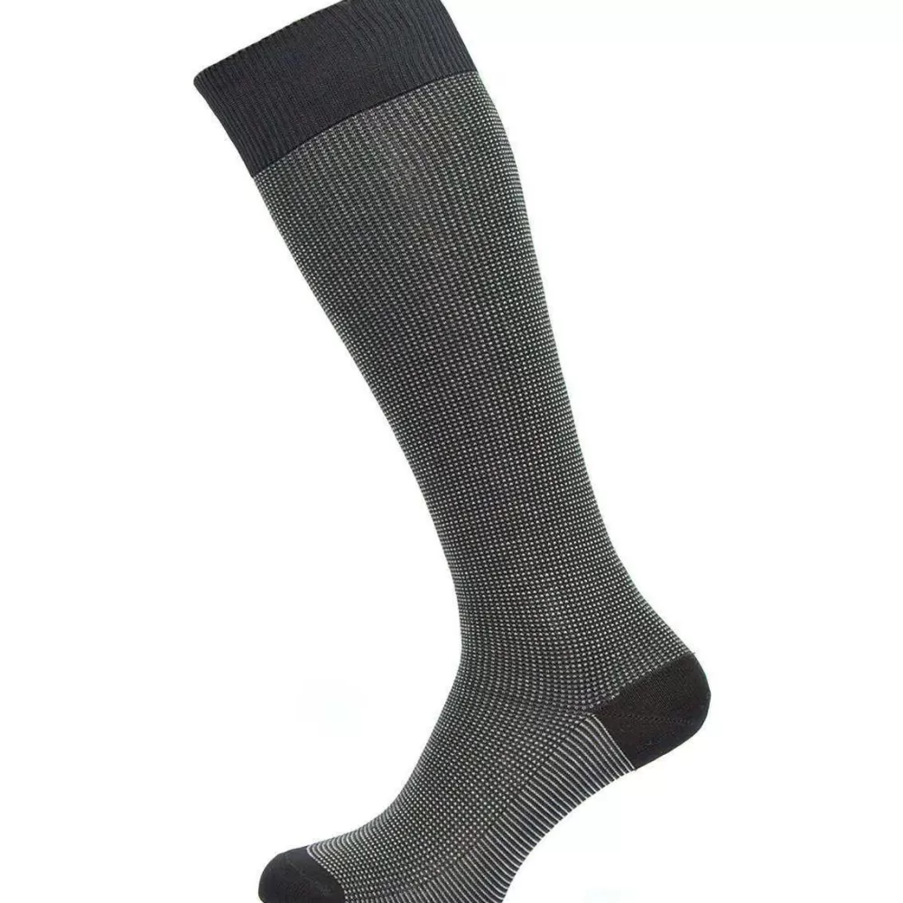 Pantherella Men's Socks^Black Tewkesbury Three Colour Birdeye Over The Calf Cotton Lisle Socks