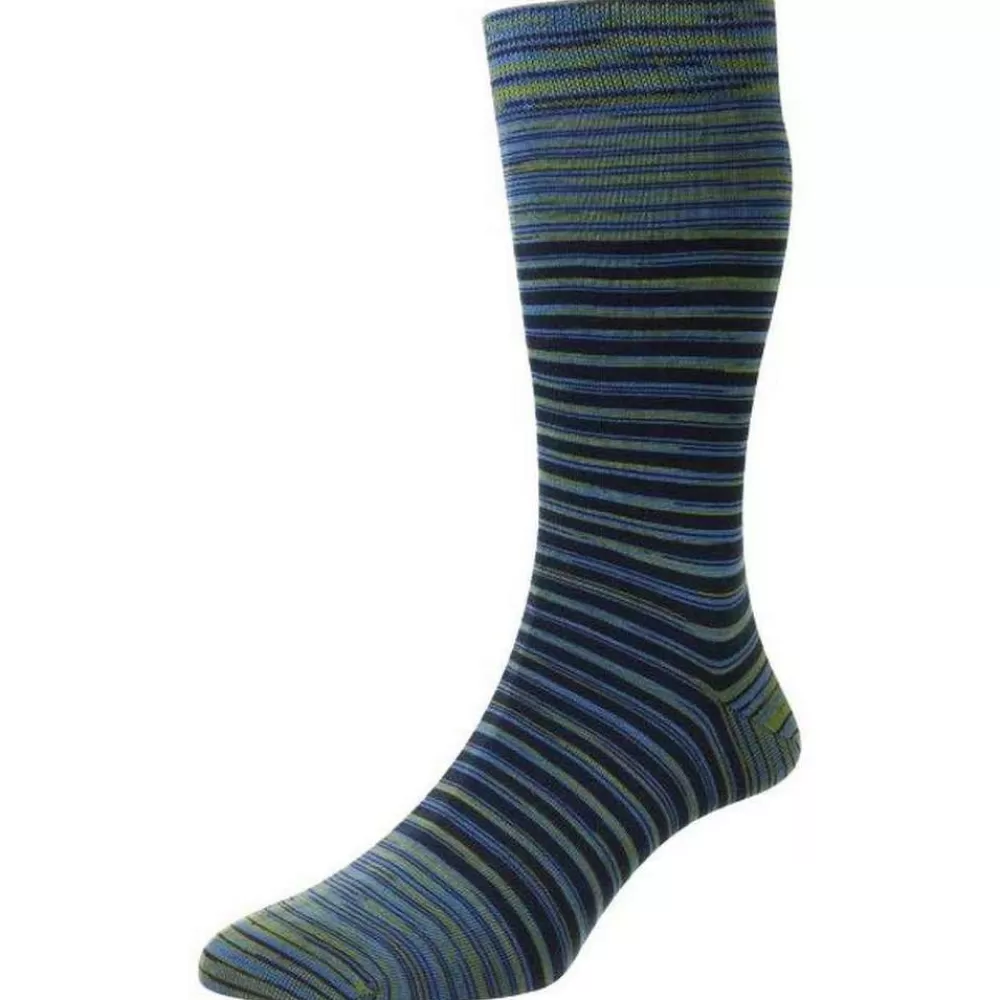 Pantherella Men's Socks^Blue Aurelia Space Dye Stripe Organic Cotton Socks