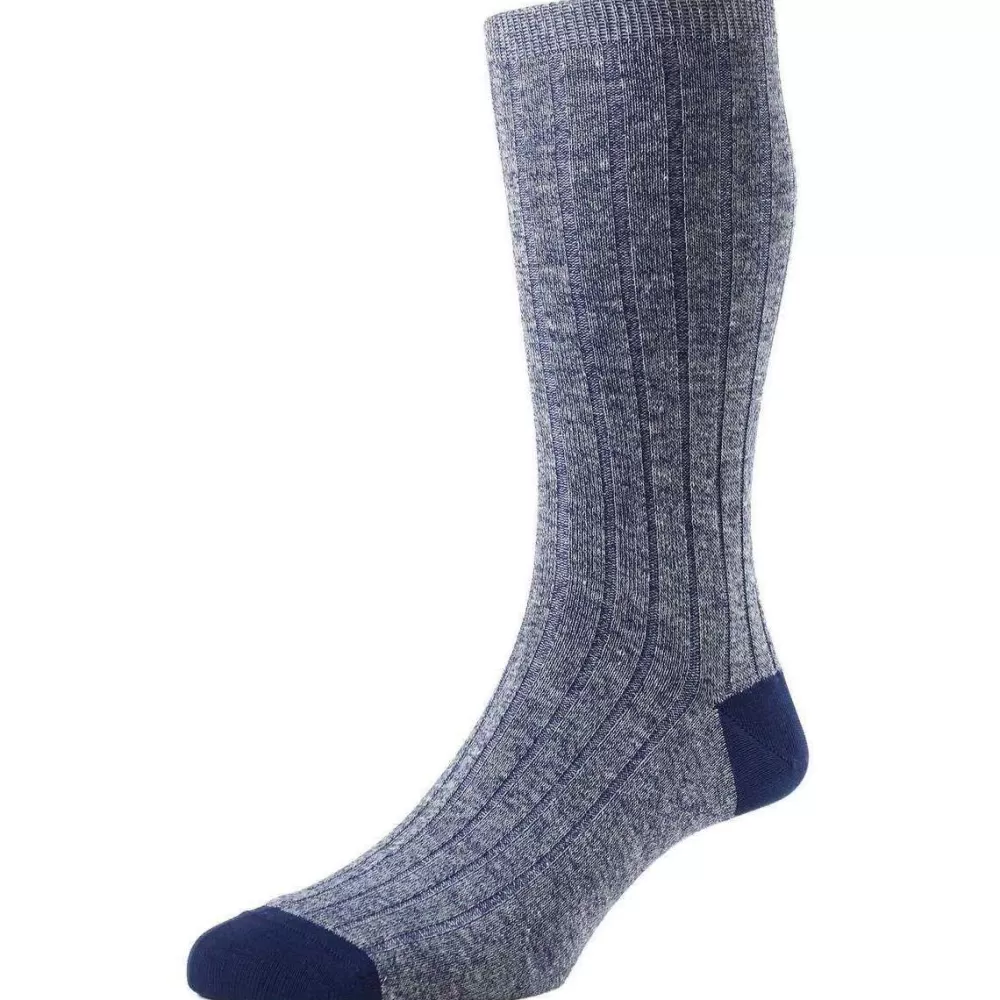 Pantherella Men's Socks^Blue Hamada Contrast Heel And Toe Linen Blend Socks