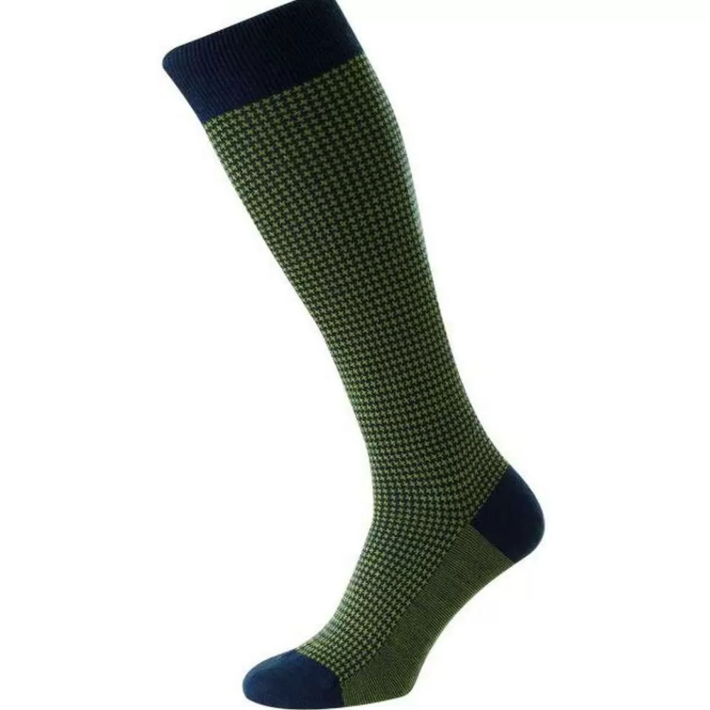 Pantherella Men's Socks^Blue Highbury Houndstooth Merino Royale Over The Calf Socks