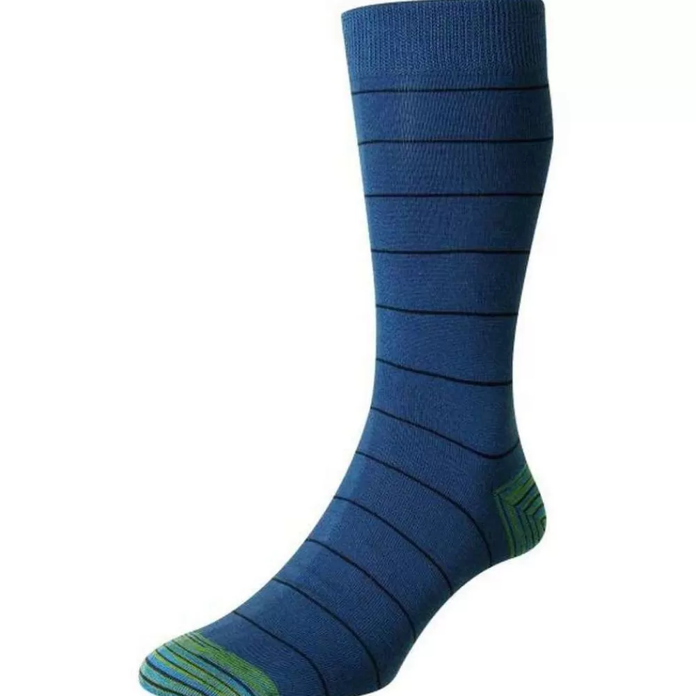 Pantherella Men's Socks^Blue Nomura Thin Stripe Space Dye Organic Cotton Socks