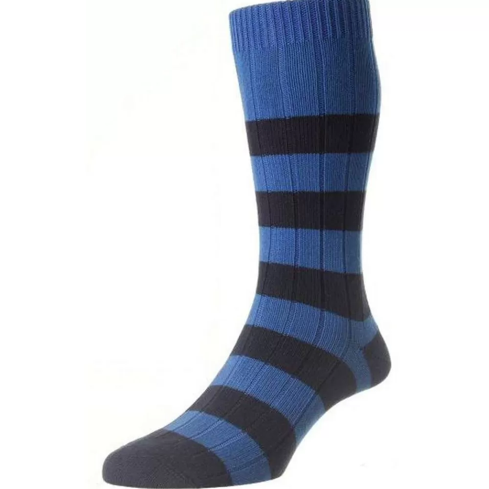 Pantherella Men's Socks^Blue Selsey Rib Rugby Stripe Organic Cotton Socks