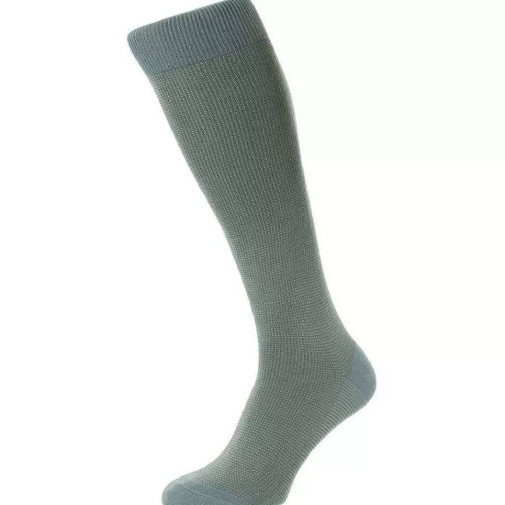 Pantherella Men's Socks^Blue Tewkesbury 3 Colour Birdseye Cotton Fil D'Ecosse Over The Calf Socks