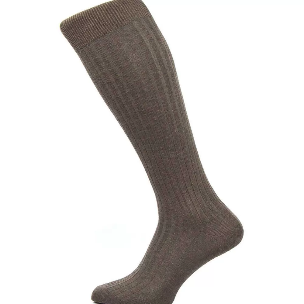 Pantherella Men's Socks^Brown Danvers Rib Over The Calf Cotton Lisle Socks