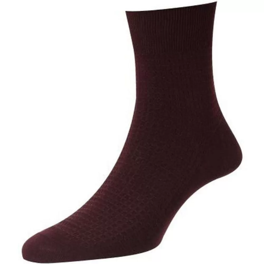 Pantherella Men's Socks^Burgundy St James Mini Basket Textured Cotton Fil D'Ecosse Ankle Socks