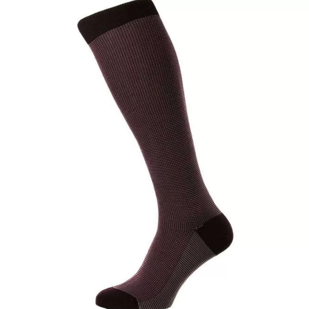 Pantherella Men's Socks^Burgundy Tewkesbury 3 Colour Birdseye Cotton Fil D'Ecosse Over The Calf Socks