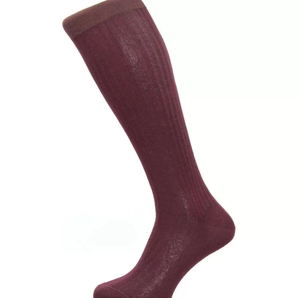 Pantherella Men's Socks^Burgundy Vale Rib Over The Calf Cotton Lisle Socks