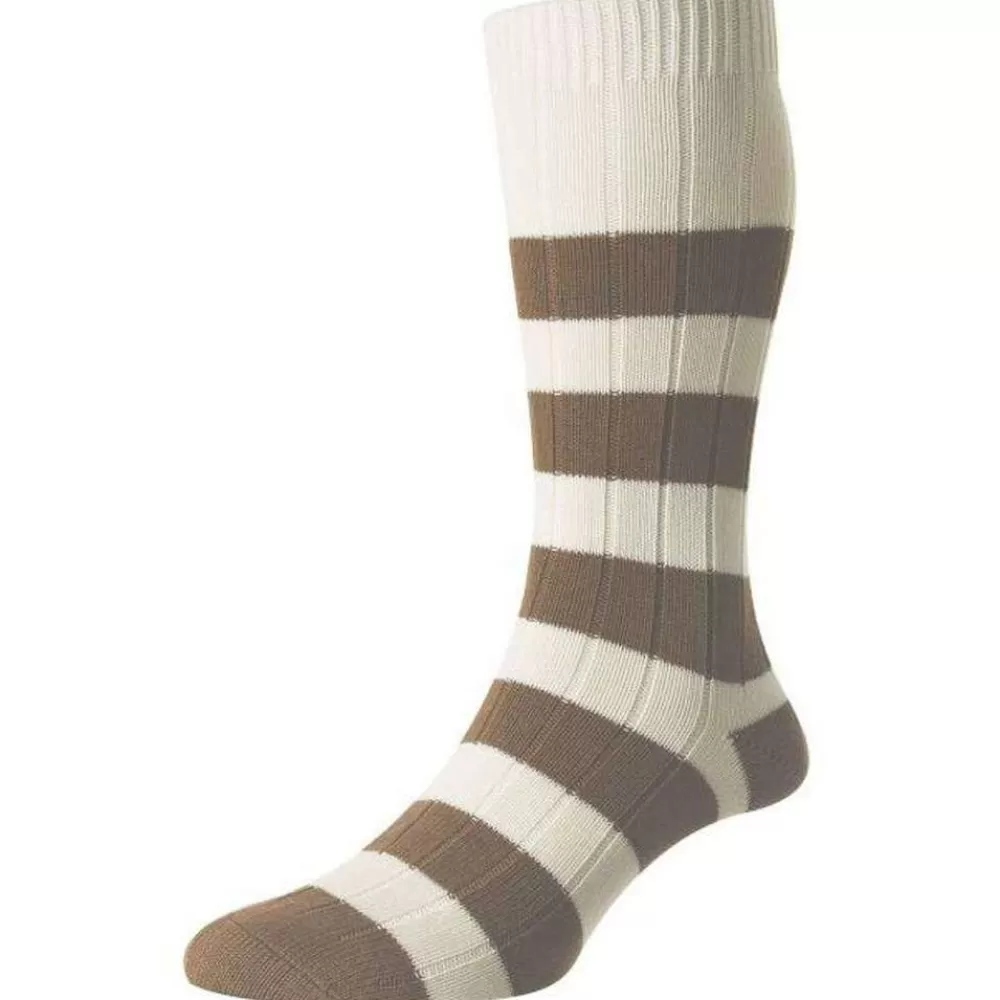 Pantherella Men's Socks^Cream Selsey Rib Rugby Stripe Organic Cotton Socks