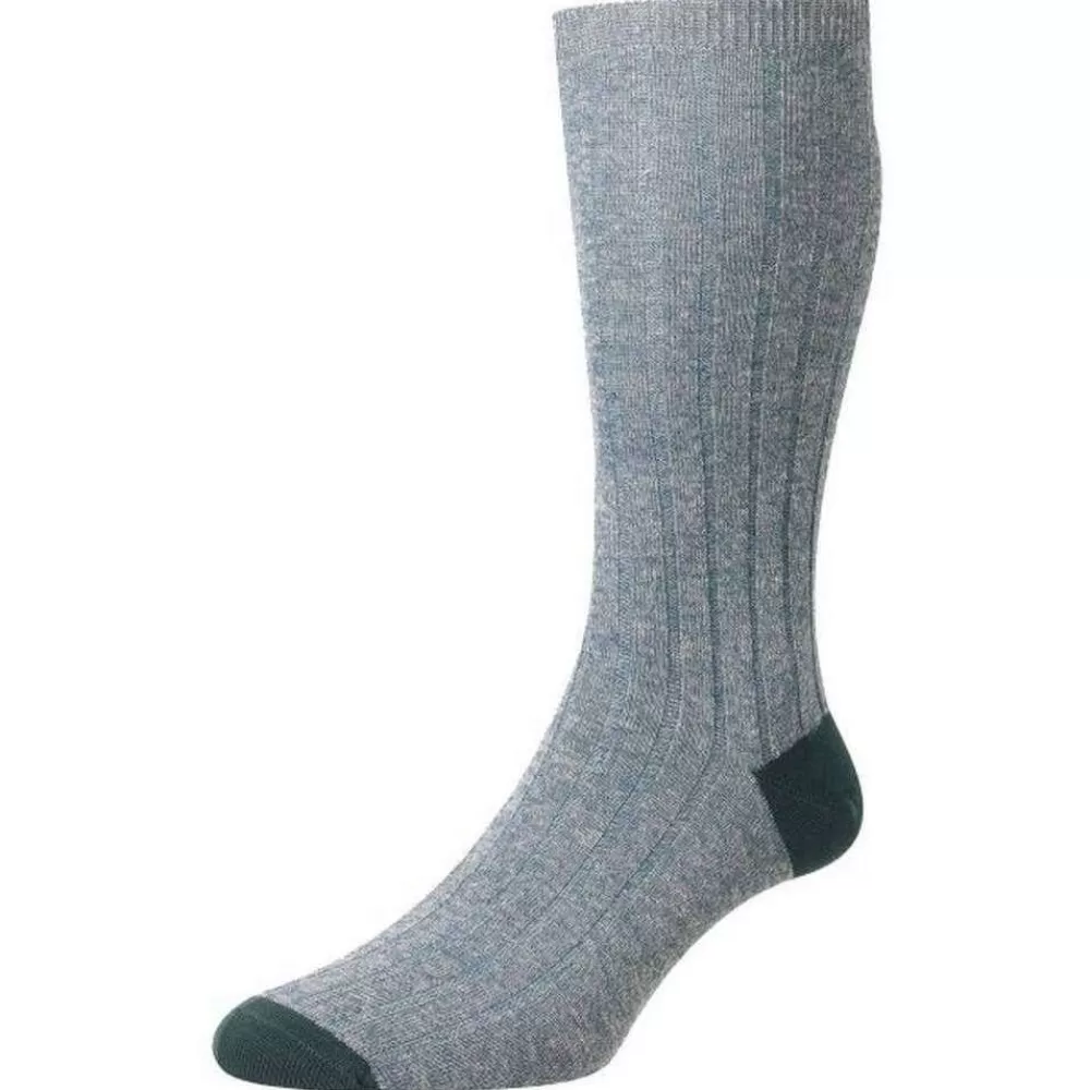 Pantherella Men's Socks^Green Hamada Contrast Heel And Toe Linen Blend Socks