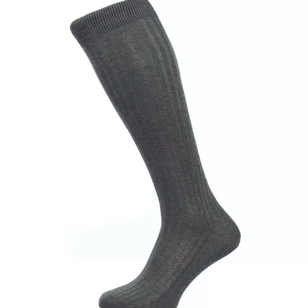 Pantherella Men's Socks^Grey Danvers Rib Over The Calf Cotton Lisle Socks