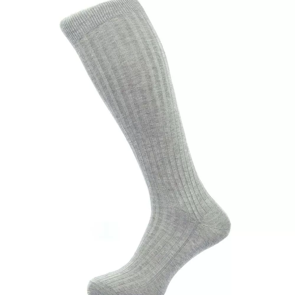 Pantherella Men's Socks^Grey Danvers Rib Over The Calf Cotton Lisle Socks