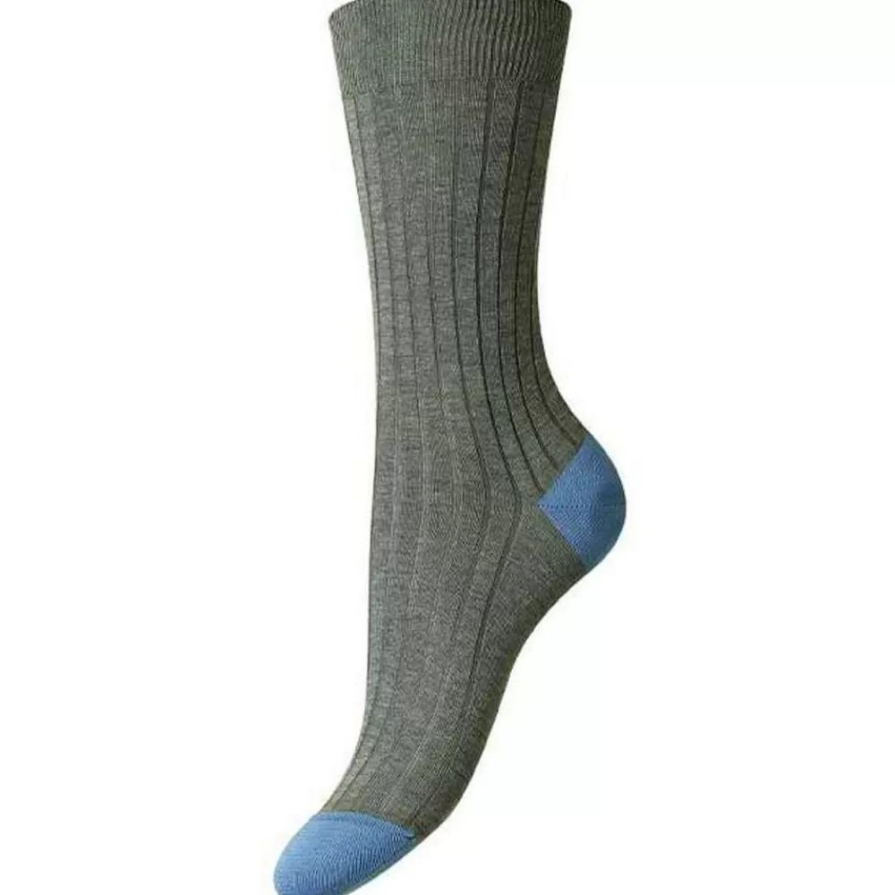 Pantherella Women's Socks^Grey Jasmine Contrast Heel And Toe Fil D'Ecosse Cotton Socks