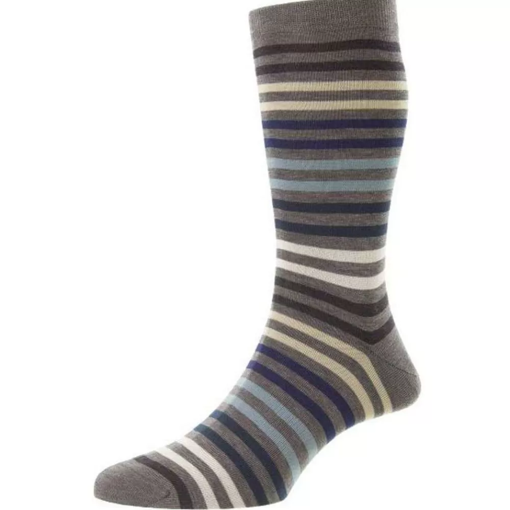 Pantherella Men's Socks^Grey Kilburn All Over Stripe Fil D'Ecosse Cotton Socks