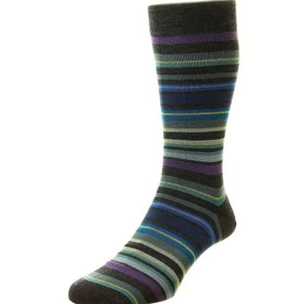 Pantherella Men's Socks^Grey Quakers All Over Multi Stripe Merino Wool Socks