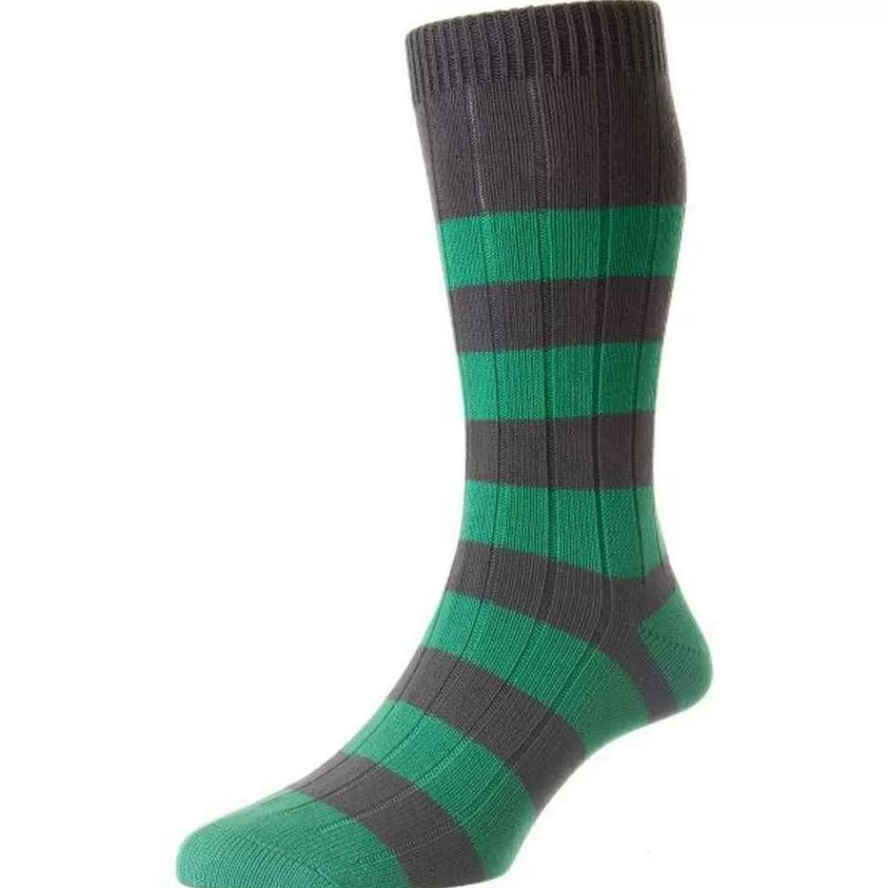 Pantherella Men's Socks^Grey Selsey Rib Rugby Stripe Organic Cotton Socks