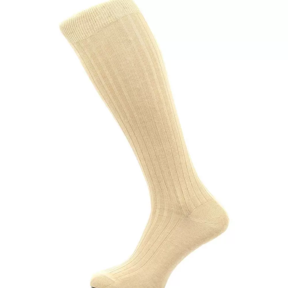 Pantherella Men's Socks^Khaki Danvers Rib Over The Calf Cotton Lisle Socks