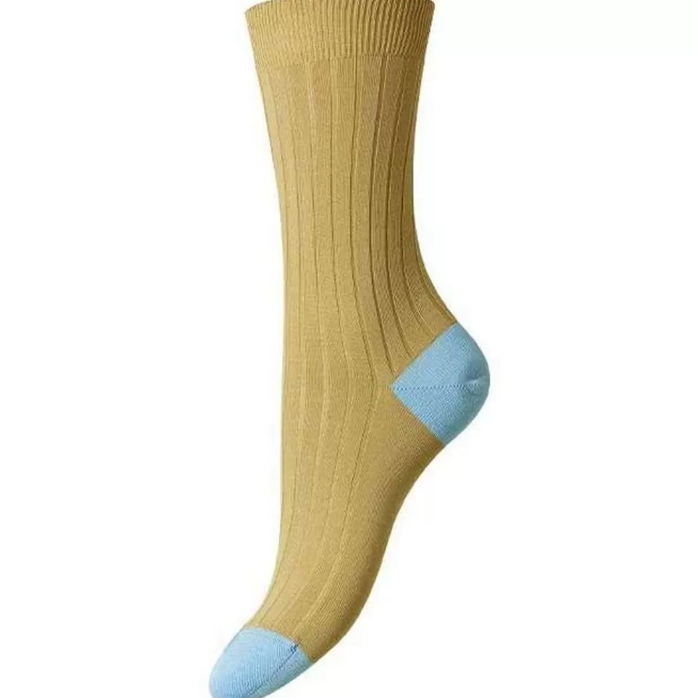 Pantherella Women's Socks^Khaki Jasmine Contrast Heel And Toe Fil D'Ecosse Cotton Socks