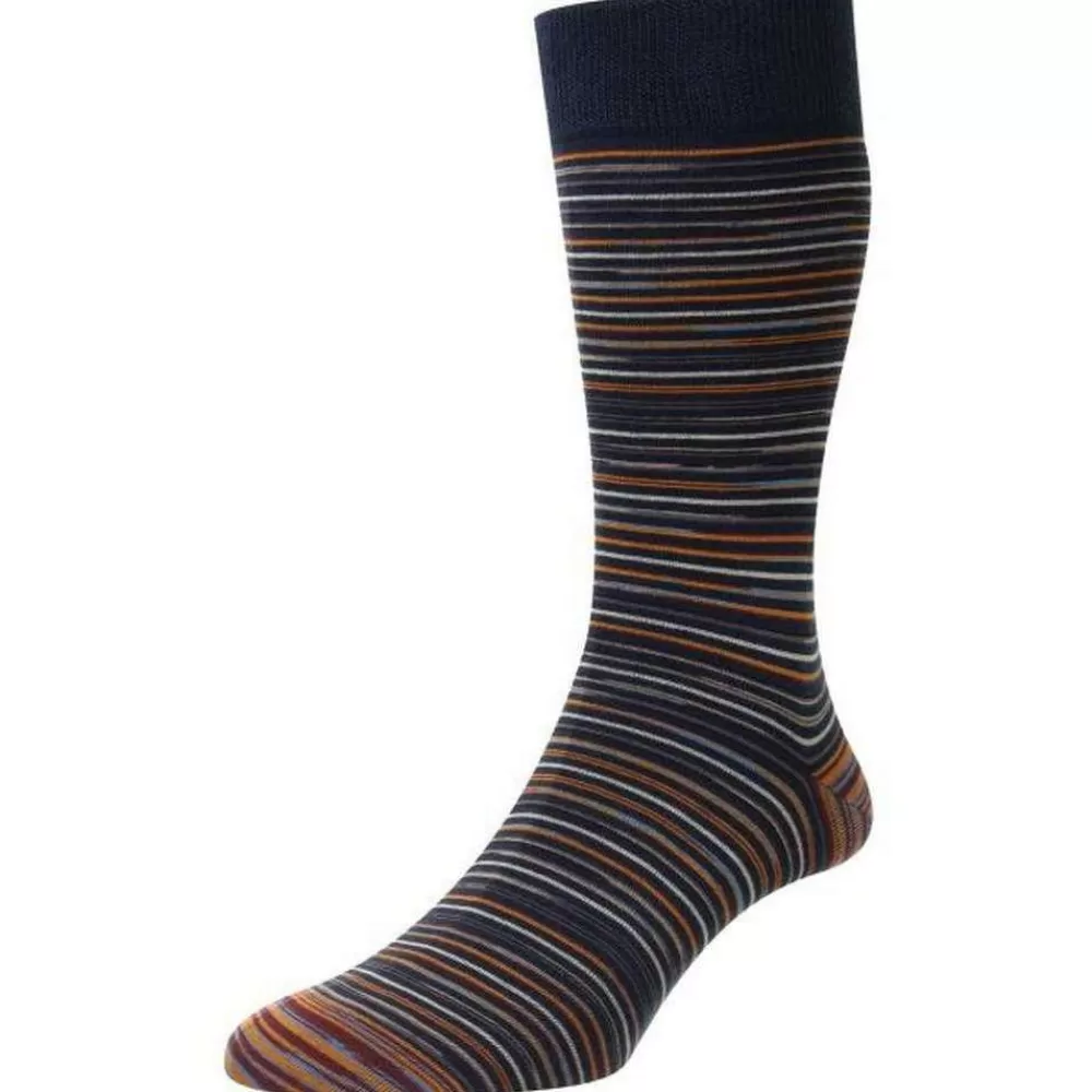 Pantherella Men's Socks^Navy Atolla Multi Stripe Space Dye Organic Cotton Socks