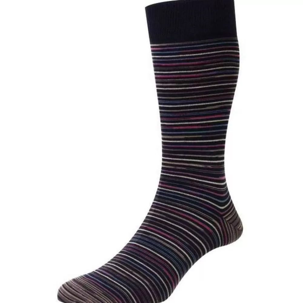 Pantherella Men's Socks^Navy Atolla Multi Stripe Space Dye Organic Cotton Socks