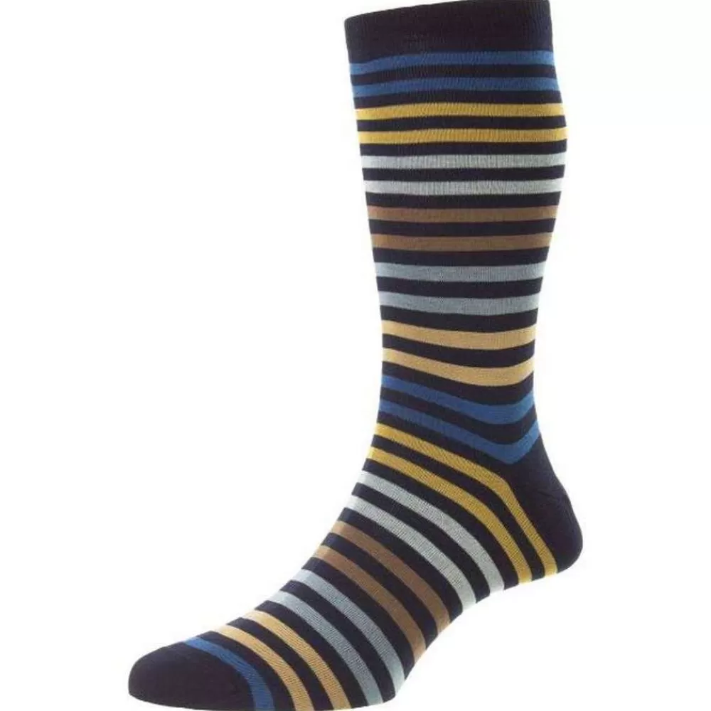Pantherella Men's Socks^Navy Kilburn All Over Stripe Fil D'Ecosse Cotton Socks