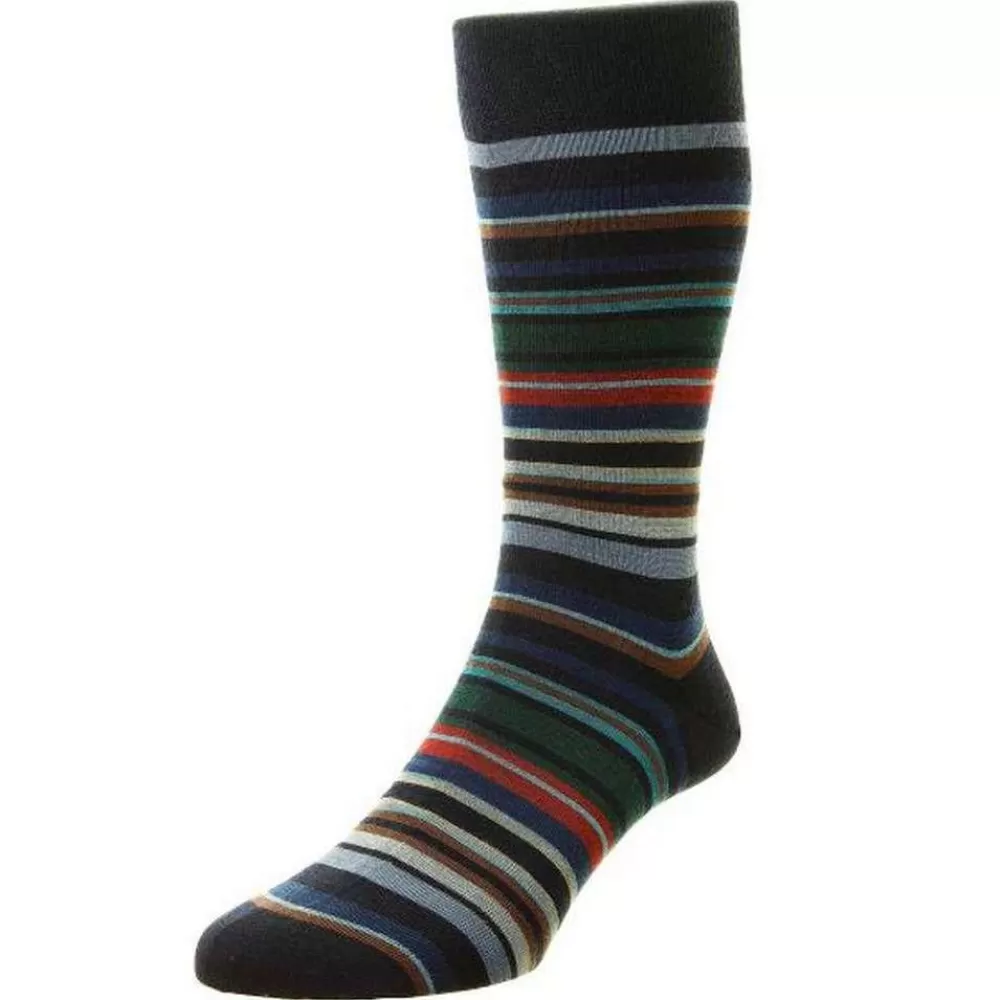 Pantherella Men's Socks^Navy Quakers All Over Multi Stripe Merino Wool Socks