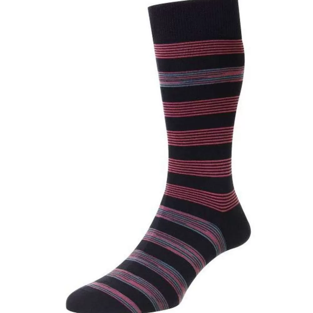 Pantherella Men's Socks^Navy Rubra Block Stripe Space Dye Organic Cotton Socks