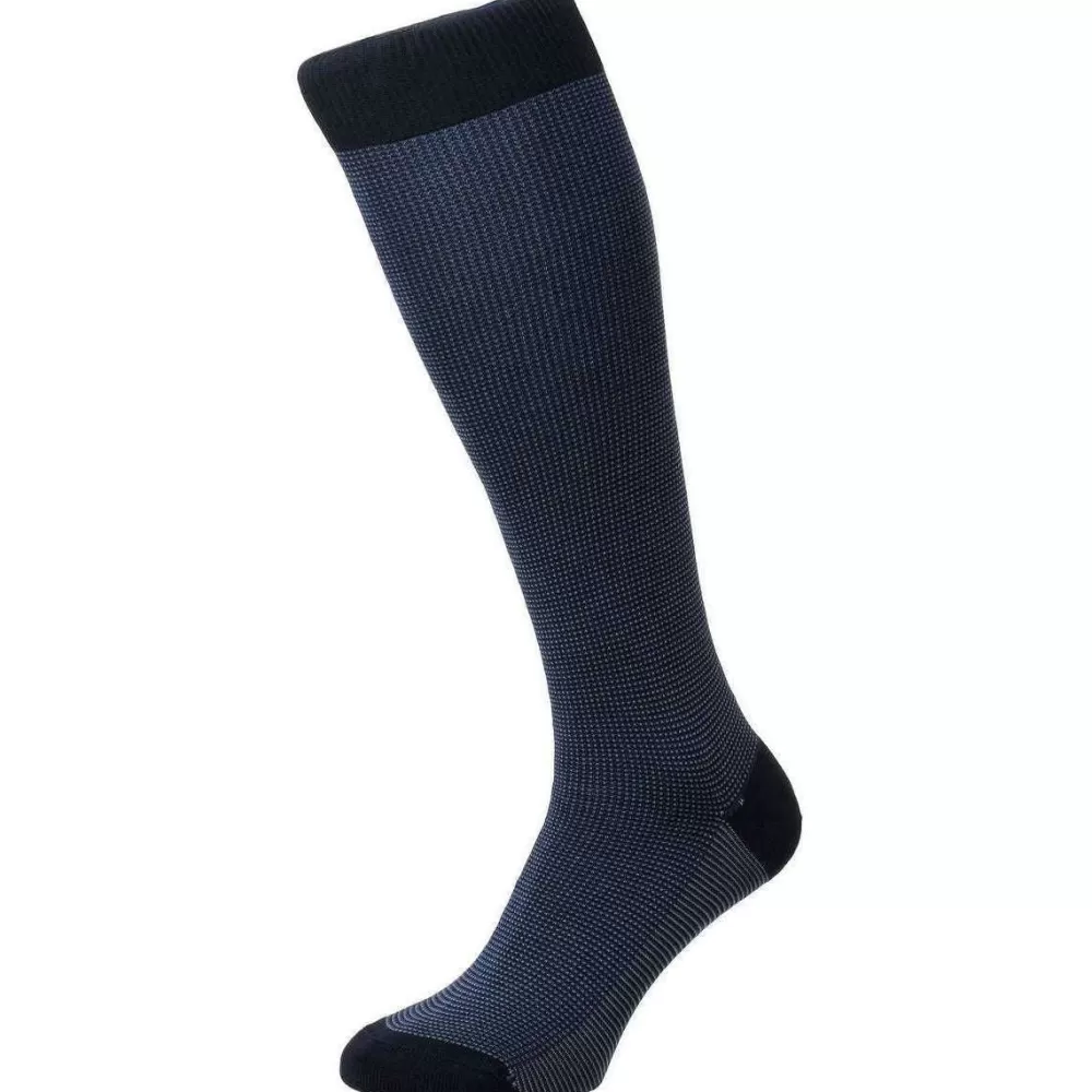 Pantherella Men's Socks^Navy Tewkesbury Birdseye Cotton Lisle Over The Calf Socks