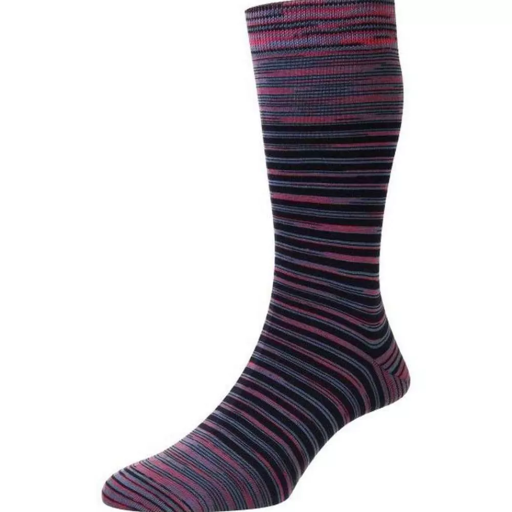 Pantherella Men's Socks^Pink Aurelia Space Dye Stripe Organic Cotton Socks