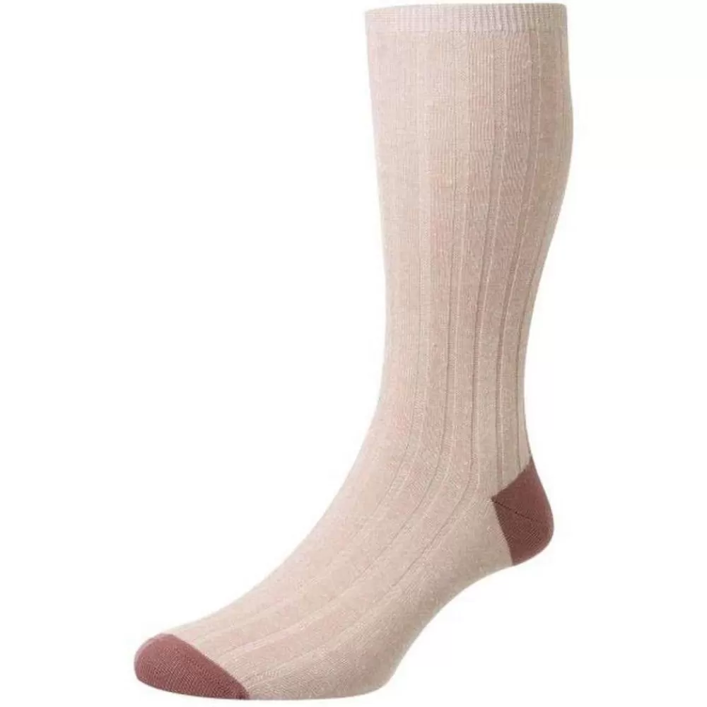 Pantherella Men's Socks^Pink Hamada Contrast Heel And Toe Linen Blend Socks