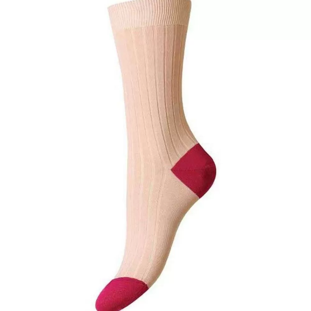 Pantherella Women's Socks^Pink Jasmine Contrast Heel And Toe Fil D'Ecosse Cotton Socks