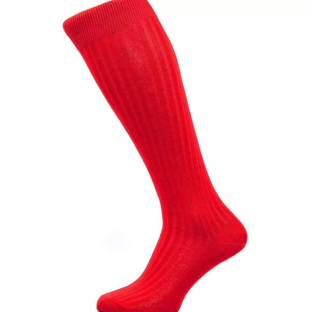 Pantherella Men's Socks^Red Danvers Rib Over The Calf Cotton Lisle Socks