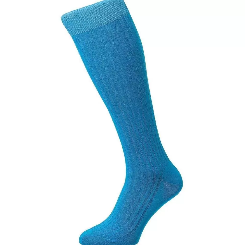 Pantherella Men's Socks^Turquoise Danvers Rib Cotton Lisle Over The Calf Socks