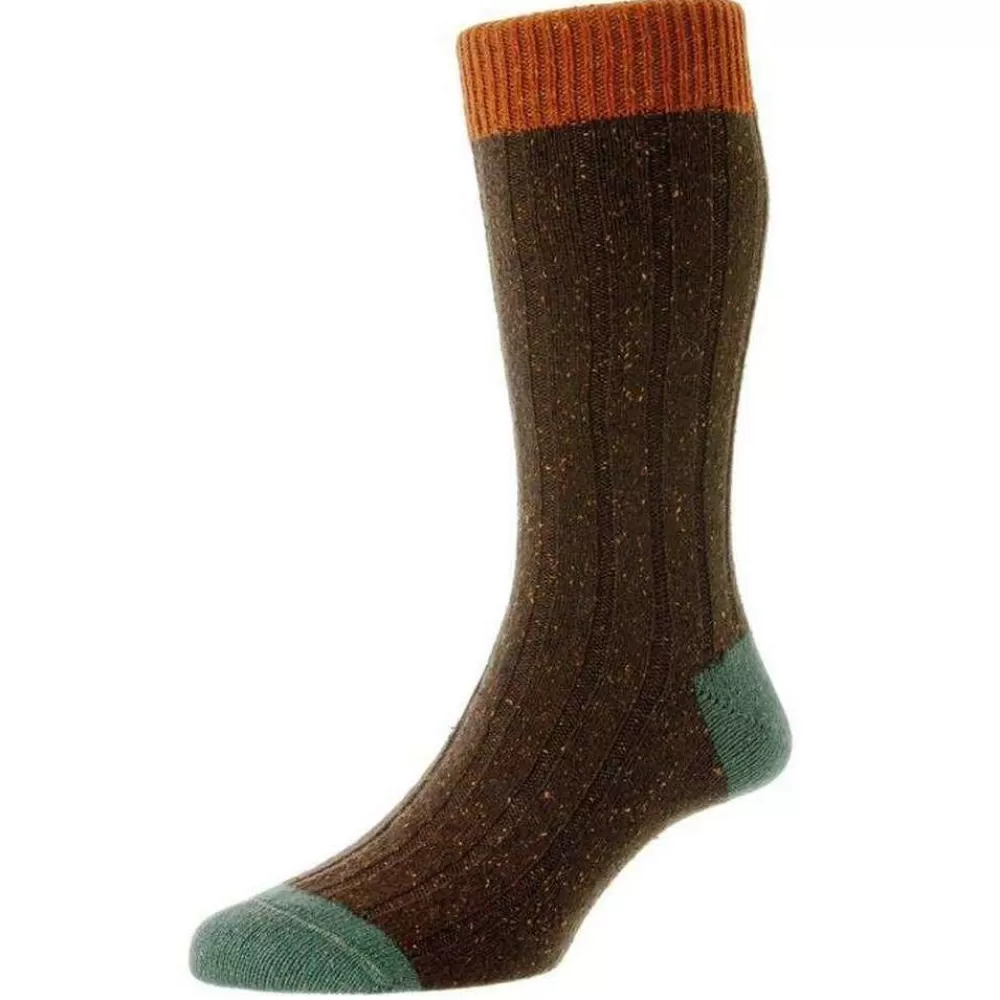 Scott Nichol Men's Socks^Brown Thornham Merino And Silk Rib Contrast Heel And Toe Socks