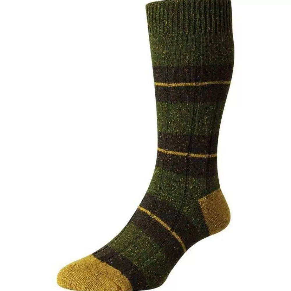 Scott Nichol Men's Socks^Khaki Bayfield Merino And Silk Block Stripe Rib Socks