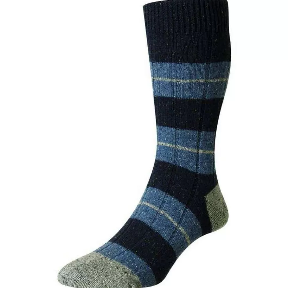 Scott Nichol Men's Socks^Navy Bayfield Merino And Silk Block Stripe Rib Socks
