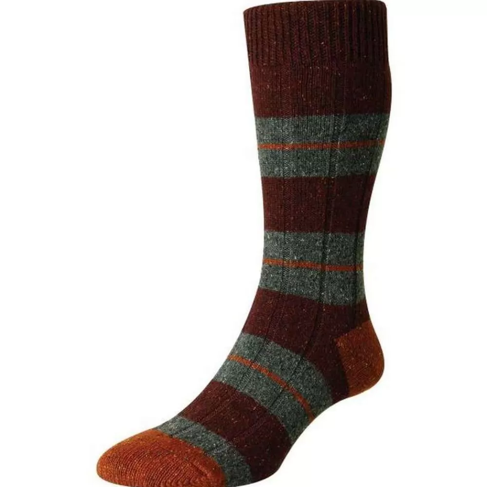 Scott Nichol Men's Socks^Red Bayfield Merino And Silk Block Stripe Rib Socks